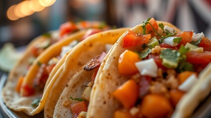 Close-up of vibrant street food tacos with fresh toppings, showcasing appetizing textures and colors.