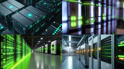 Four views of a modern server room, showcasing racks of network equipment, illuminated by vibrant green LEDs