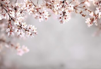 Fototapeta premium Delicate spring blossoms frame a soft gray background