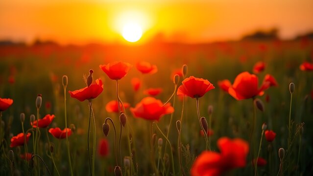 Golden sunset over a field of red poppies, capturing the tranquility of nature in warm light.