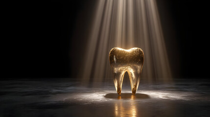 Illuminated Golden Tooth on Dark Surface