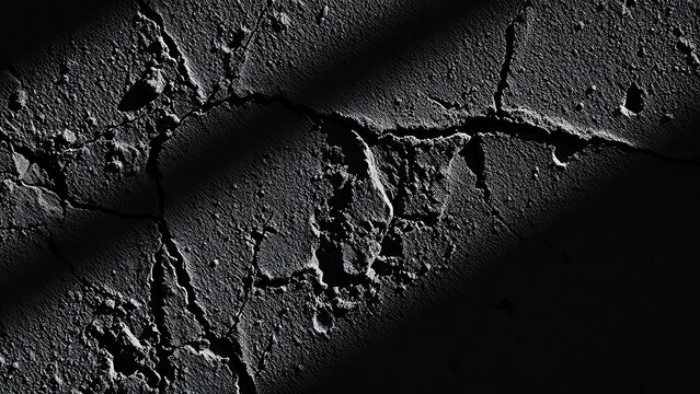 Close-up of a textured dark concrete wall with rough patterns and natural shadows, highlighting macro details.