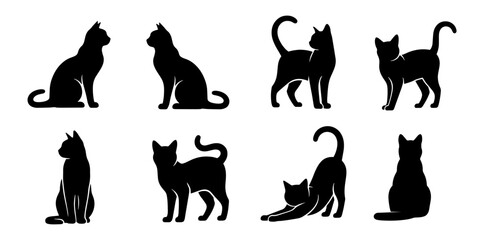 Set of cat silhouette vector illustrations in various poses such as sitting, standing, walking, and stretching. Black feline animal pictogram for pet design, veterinary icon, domestic cat and artwork.