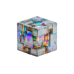 Abstract 3D Render of a Complex Iridescent Cube, Representing Technology, Innovation, and Data