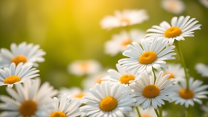 Obraz premium Fresh daisies bathed in sunlight with a soft green background, showcasing delicate petals in close-up.