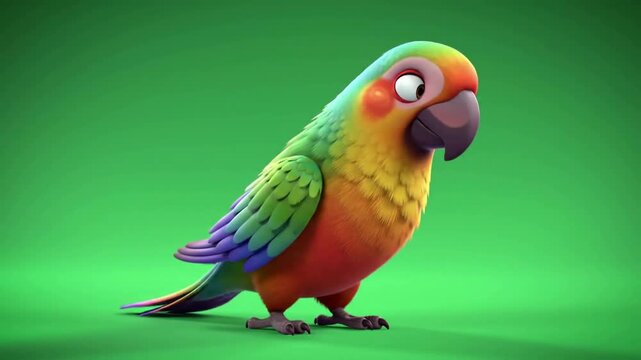 Colorful animated parrot character standing against a vibrant green background, showcasing its playful demeanor