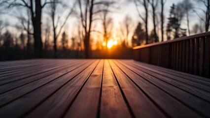 Wooden deck at twilight with warm lighting, surrounded by a softly blurred forest background.