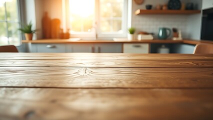 Close-up of a wooden table surface, highlighting natural wood grain with warm bokeh from soft kitchen light.