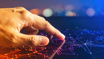 A hand reaching towards a digital network, symbolizing technology, connectivity, and interaction with data.
