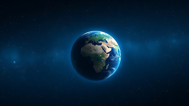 Earth floating in a starry cosmos with a glowing blue atmosphere, surrounded by ethereal nebula lighting.