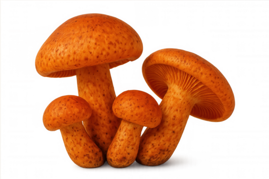 Orange mushrooms clustering together, showing varied dimensions against transparent surface