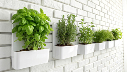 White planters with indoor herbs on bright brick wall