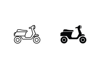 Obraz premium Minimalist black and white icons depicting a classic motor scooter in both outline and solid fill styles.