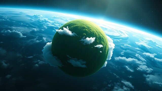 Lush green planet with vibrant ecosystem and glowing atmosphere, floating in cosmic space with subtle star glow. - Powered by Adobe