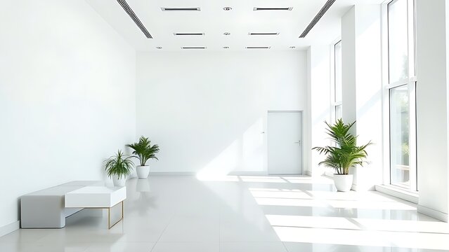 Modern office lobby with white walls and minimal decor, exuding clean architectural simplicity.