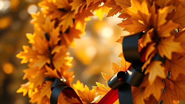 Golden oak leaves wreath with black-red-gold ribbons, soft bokeh lights in national colors.