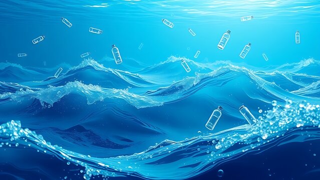 Floating plastic bottles in ocean waves illustrating environmental pollution.