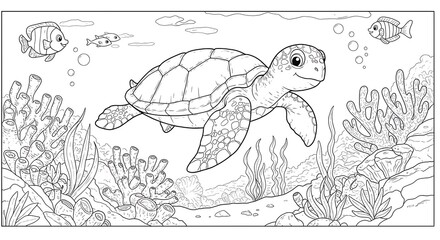 Sea Turtle's Underwater Adventure: A Detailed Coloring Page with Fish and Coral Reef