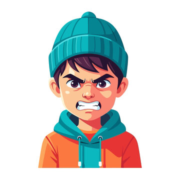 Frustration Portrait: Illustration of an expressive boy wearing a beanie and a hooded sweatshirt. Capturing the child's emotion in vivid detail.