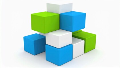 A colorful arrangement of 3D cubes in blue, green, and white, stacked creatively to form an abstract structure.