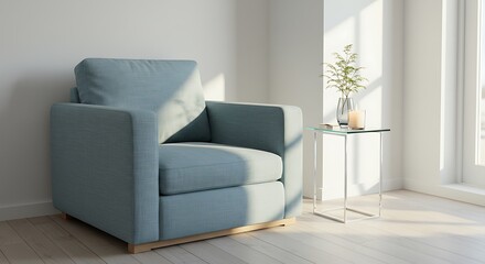 Serene Living Room Scene: Blue Armchair, Glass Table, and Natural Light
