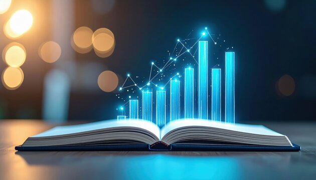 A glowing open book with digital graphs emerging, symbolizing the fusion of knowledge and data analytics in a modern context.