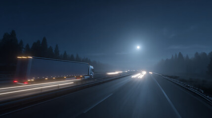 Obraz premium Night Highway Traffic in Fog: Atmospheric Trucking Scene