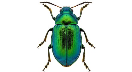 Iridescent Green Beetle with Detailed Antennae and Legs on White Background
