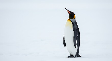 Fototapeta premium Solitary King Penguin Stands Tall Against a Vast, Snowy Antarctic Landscape