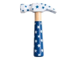 Starry Hammer: a close-up shot of a unique hammer, featuring a wooden handle and a blue-and-white painted head with a star pattern, it's designed with an aesthetic touch and is visually striking.