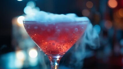 Elegant Red Cocktail with Dry Ice Smoke Effect in a Bar Environment - Stock Video - Powered by Adobe