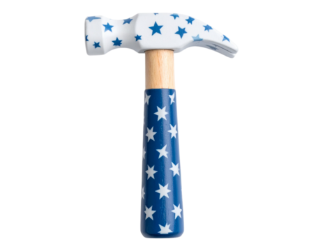Starry Hammer: a close-up shot of a unique hammer, featuring a wooden handle and a blue-and-white painted head with a star pattern, it's designed with an aesthetic touch and is visually striking. - Powered by Adobe