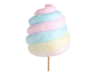 Colorful Cotton Candy Delight: A whimsical treat of fluffy cotton candy, swirled in pastel hues, perched on a wooden stick, promising a sweet and airy indulgence. 