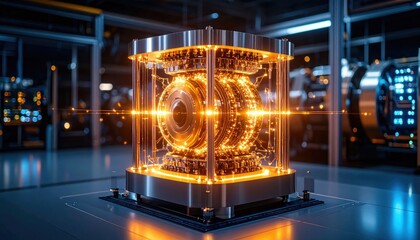 A futuristic, glowing energy core displayed in a transparent casing, showcasing advanced technology and intricate circuitry within a high-tech environment.