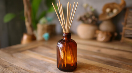 Amber Glass Bottle with Dried Branches on Wooden Table