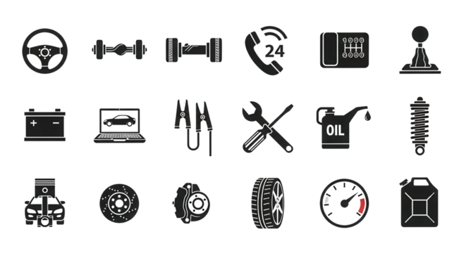 Auto service parts and repair elements vector icon set isolated PNG with Transparent Background