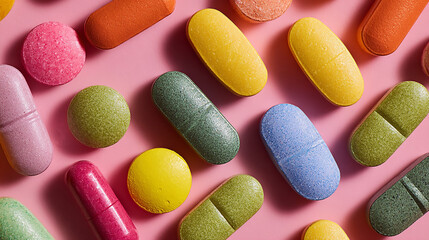 Colorful Pharmaceutical Capsules and Tablets on Pink Background