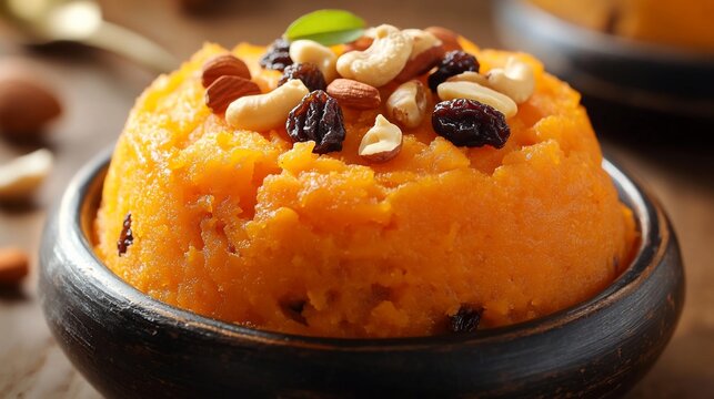 Sweet, orange, pudding topped with nuts and raisins