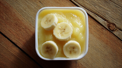 Delicious Banana Dessert: Creamy Yellow Puree with Sliced Bananas in a Square Container