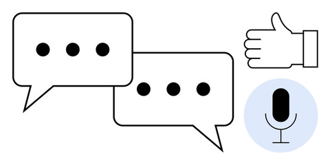Speech bubbles with ellipses indicate messaging, a thumbs-up signifies approval, and a microphone symbolizes voice input. Ideal for chat apps, feedback, podcasts, communication, social media