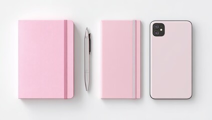 Pink notebooks, pen, and phone on white background