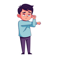 Feeling Under the Weather: A somber illustration of a young individual, arm raised, possibly unwell, conveying a sense of discomfort and fatigue.