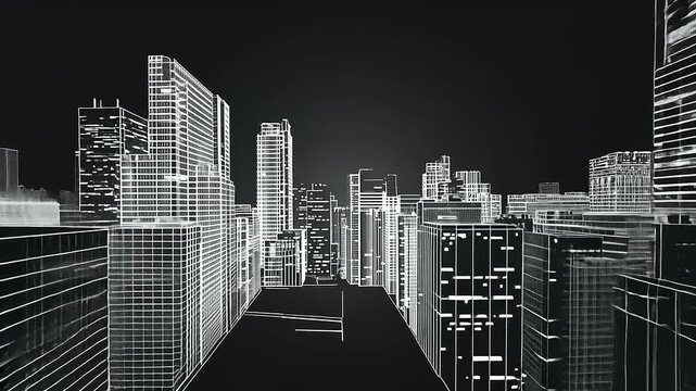 Futuristic city skyline illustration with glowing outlines, showcasing urban architecture at night
