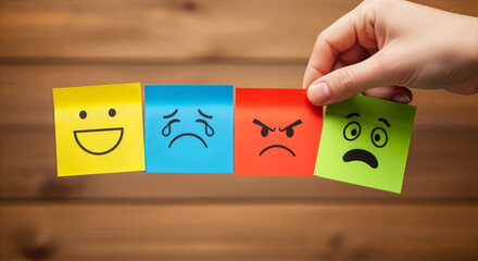 Hand holding green sticky note with surprised face among other emotion faces on wood background