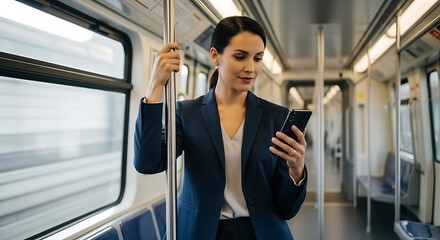 Businesswoman commuting on subway using smartphone modern lifestyle and connectivity concept