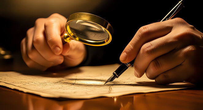 Focused individual meticulously examining an old map with a magnifying glass and fountain pen, uncovering hidden details with intense concentration and precision.
