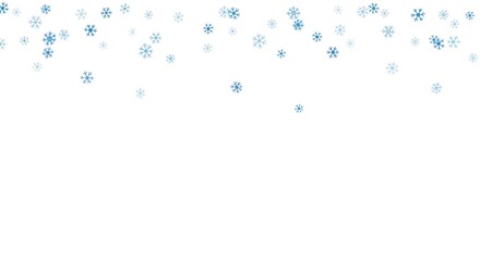 Delicate light blue snowflakes gently falling against a clean white background, creating a serene and festive winter holiday concept