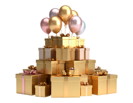 A 3D decorated tower filled with stacked gifts and balloons.