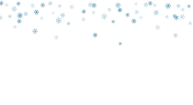 Delicate light blue snowflakes gently falling against a clean white background, creating a serene and festive winter holiday concept