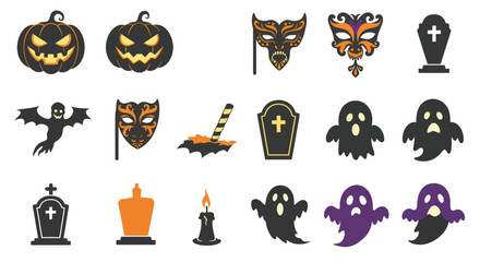 Set of colorful Halloween icons featuring pumpkins, ghosts, masks, and tombstones.